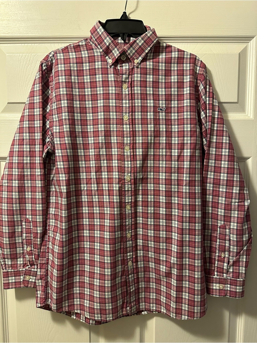 Boyโs Vineyard Vines Red and White Plaid Button-Down Shirt - Size XL (18)